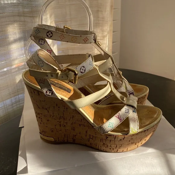 Louis Vuitton cork platform wedges multi-color Murakami leather  heels 38.5 - Picture 6 of 9